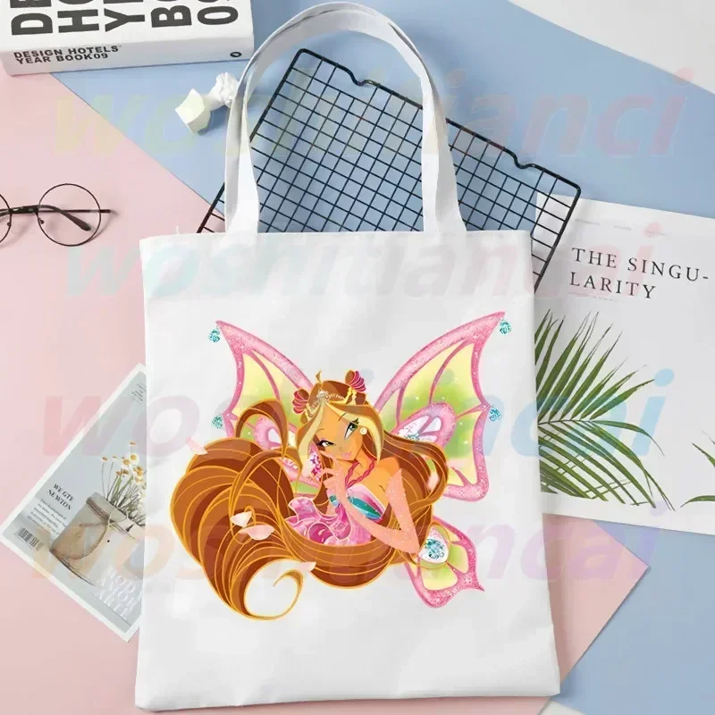 Winx Butterfly Fairy Print Canvas Shoulder Tote Bag for Women Handbags Eco Reusable Shopping Bag Vintage Fashion Ulzzang Bags