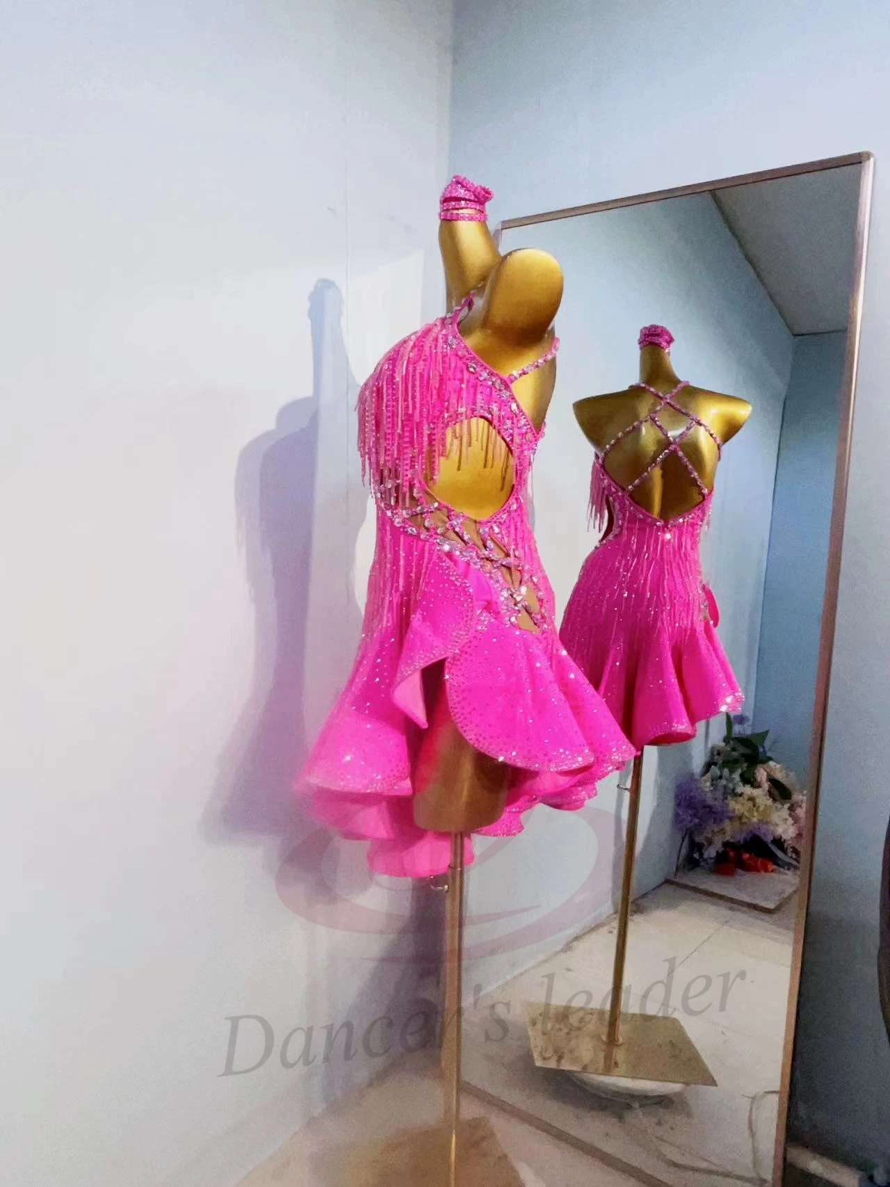 Latin Dance Competition Color Version High-end Custom Hanging Neck with Diamond Pink Skirt Samba Performance Blackpool dress