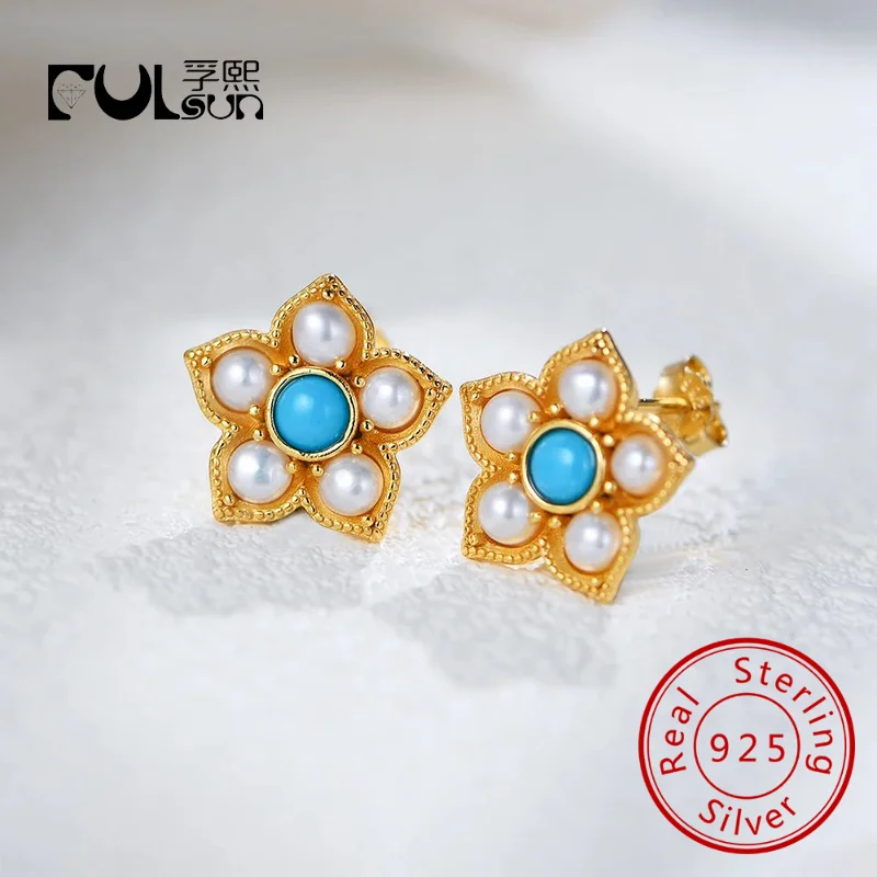 

Ювелирные изделия из стерлингового серебра 925 пробы, позолоченные 14 карат жемчугом и звездами, бирюзовые серьги-гвоздики для женщин