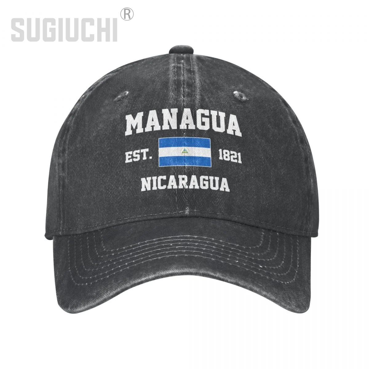 Flag of Nicaragua EST.1821 Managua Unisex Adult Charcoal Washed Denim Baseball Cap Men  Vintage Cotton Patriotic Trucker Hat