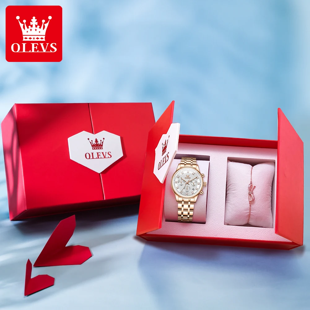 OLEVS 3669 Women Watch Luxury Multifunctional Chronograph Quartz Watch Waterproof Luminous Ladies Watch Box Gifts Bracelet Set
