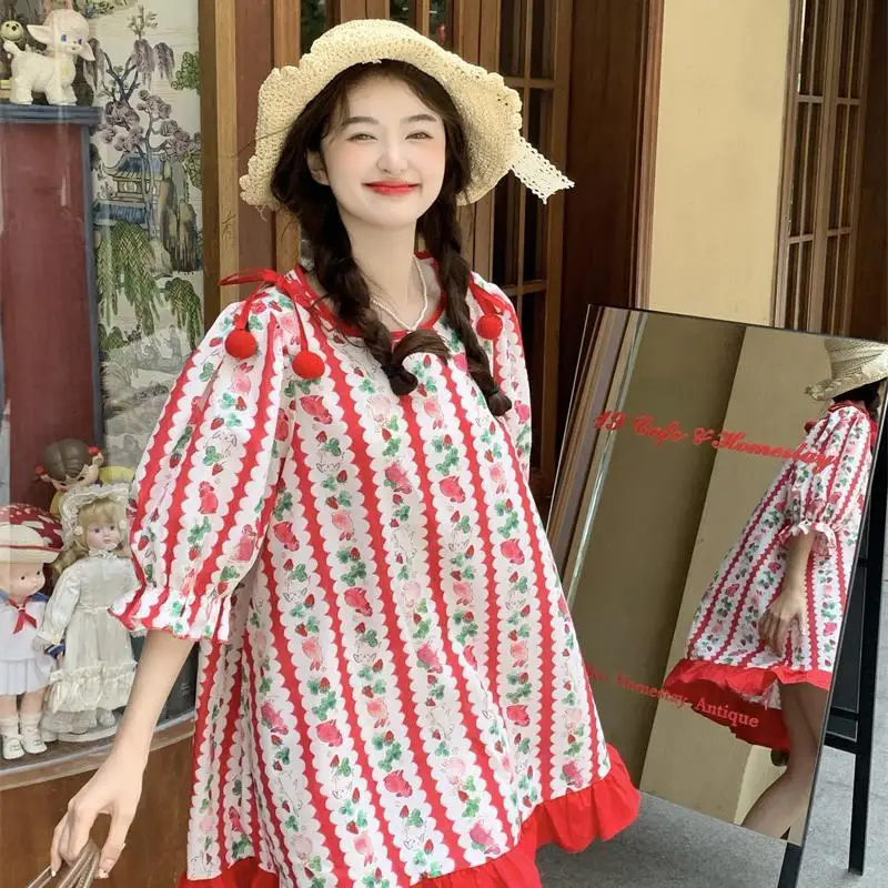 Dress Ruffles Red Women Childlike Sweet Youthful Cartoon Printed Short Sleeved Summer 2024 Cute Loose Short Large Size Dress New