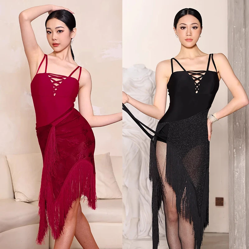 

2025 Latin Dance Dress Women Competition Clothing Suspender Lace Irregular Red Black Dress Rumba Dance Practice Clothes BL15471