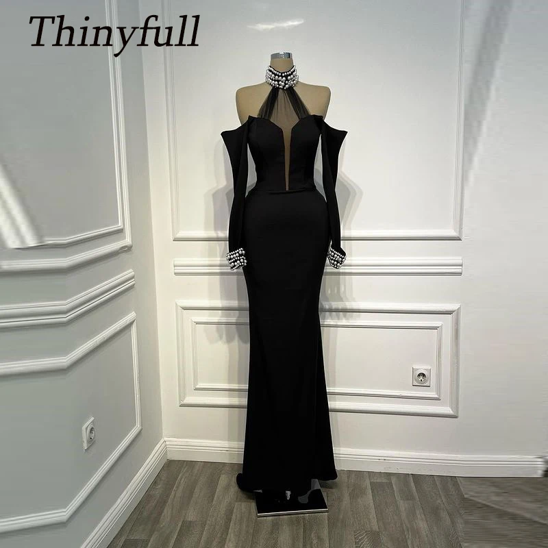 

Thinyfull Velvet Black Prom Dresses Mermaid Halter Full Sleeves Pearls Evening Party Gown Long Formal Occasion Dress Customized