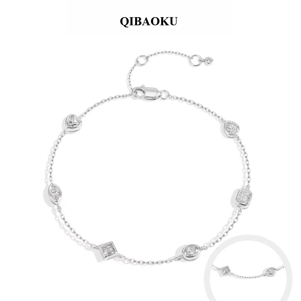 QIBAOKU Mixed Bezel Moissanite Bracelets for Women S925 Silver Adjustable Extension Chain Popular Jewelry for Wedding Party 2026