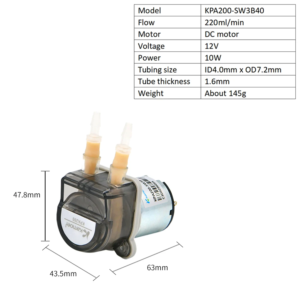 12V 24V Kamoer KPA200 Peristaltic Pump 220ml/min Self-Priming Gear Pump BPT Tubing Liquid Dosing Pump for Lab Analysis