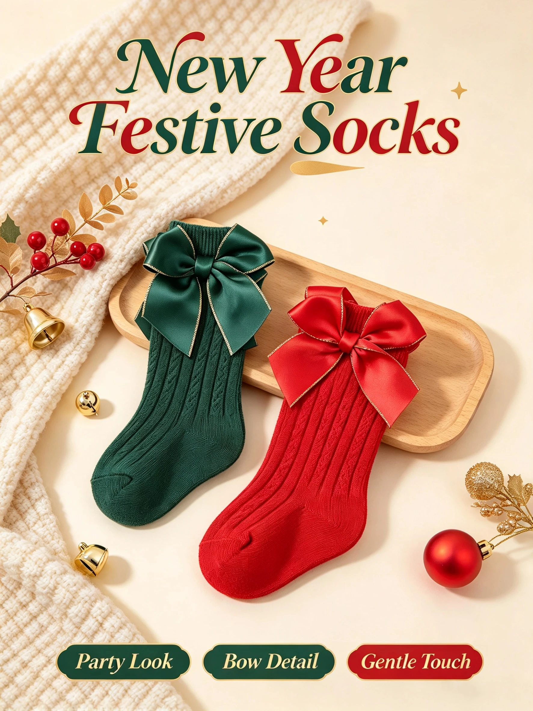 2Pairs Toddler Girls Christmas Mid Calf Socks, Gold Edge Bow Decor, Soft Knit Socks for Kids 0-3Y, New Year Holiday Party Outfit