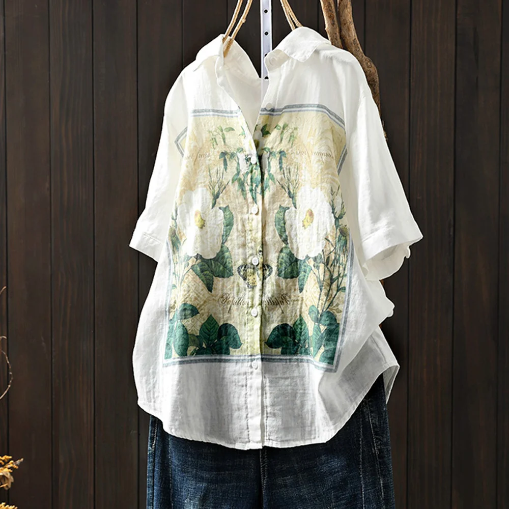 Summer trend blouses 2024 Japan style linen shirts and blouses for women original short sleeve print white shirts with designs