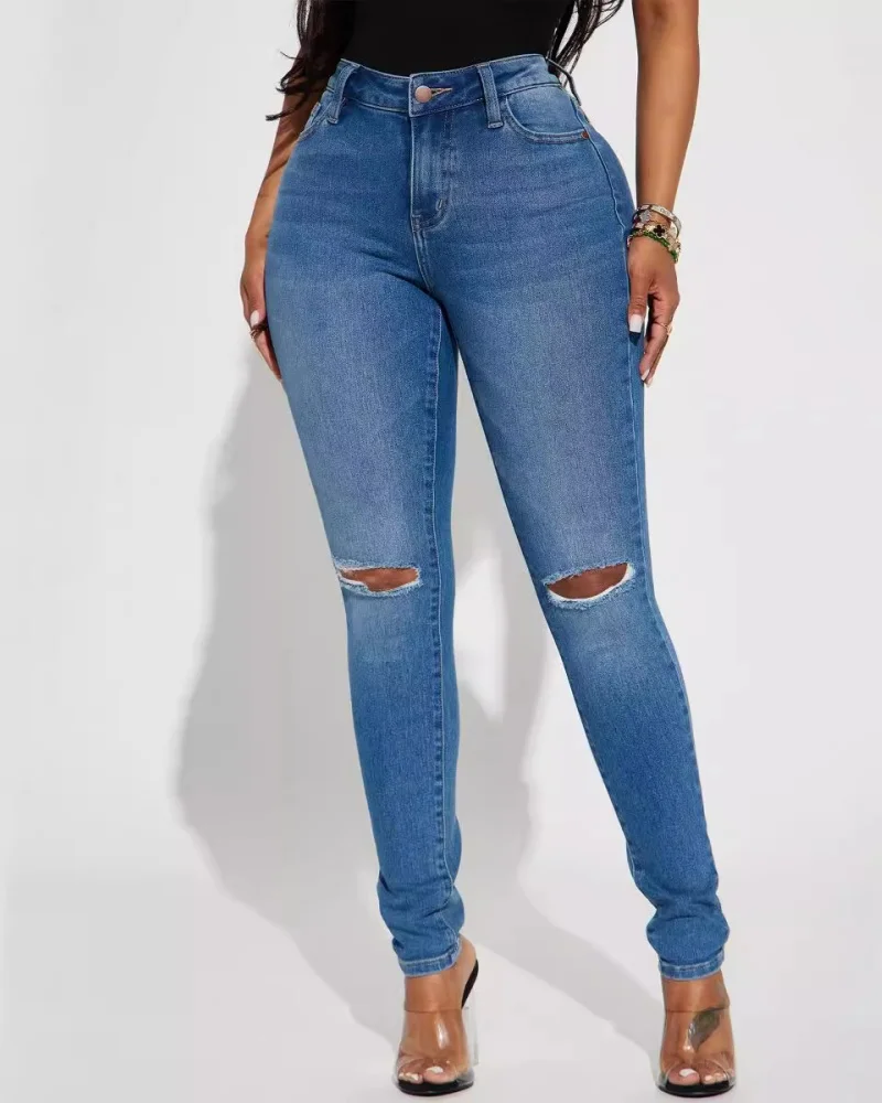 Women Ripped Holes Jeans Washing Denim Pockets Sexy Sheath High Waist Slim Fit Zipper Fly Ankle Length Basics Pencil Pants 2024