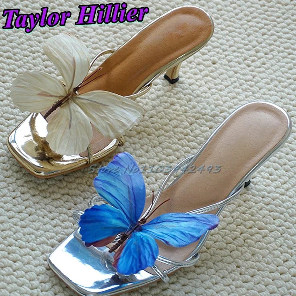 

Fairy Butterfly Heels Shallow Open Toe Mules Slip On Heeled Sandals Women Vacation Shoes Bohemian Style Outwear Summer Slippers
