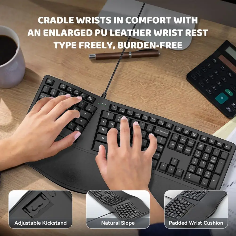 Imagem -05 - Teclado Dividido Completo com Fio Design Ergonômico Natural 110 Teclas Plug-play Universal Suporte de Pulso Material de Escritório