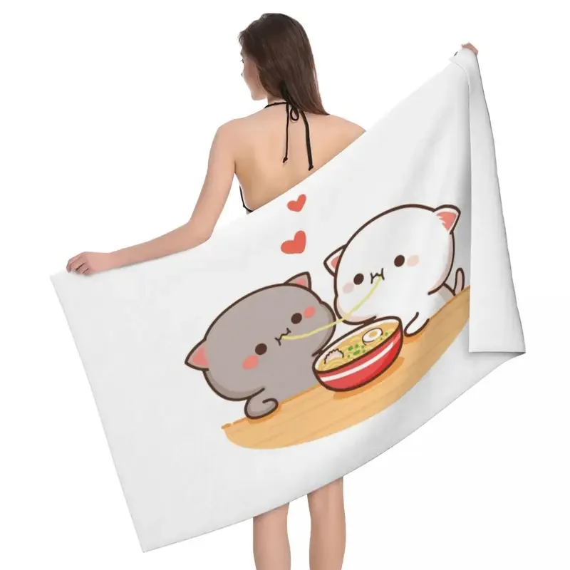 Serviette de plage en microcarence à séchage rapide pour femme, serviette de bain mignonne, bain, tête de bain, voyage, pique-nique, cadeau de couple, chat de pêche au miel, dessin animé