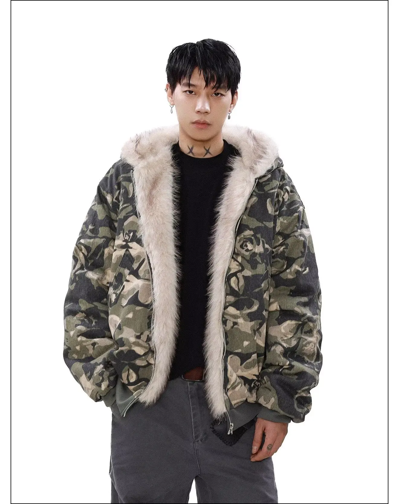 

Мужская одежда, утепленные камуфляжные джинсовые стеганые стеганые куртки, осень-зима 2025, новое пальто с хлопковой подкладкой большого размера с меховым воротником и капюшоном