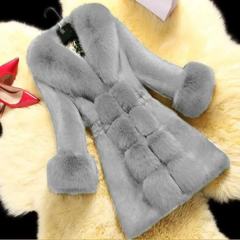 Vintage 2024 New Autumn Winter Female Mid-Long Fleece Overcoat Faux Fur Fox Fur Collar Mink Fur Coat Thicken Elegant