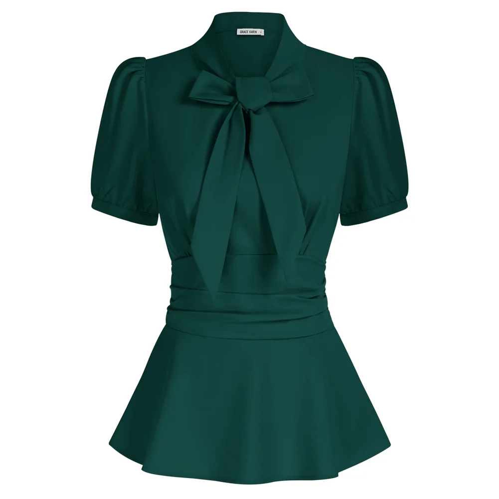 

GRACE KARIN Women Office Bow Tie Blouse Peplum Hem Shirt Summer Peplum Dressy Shirt Puffed Short Sleeve Smocked Back Tops A30