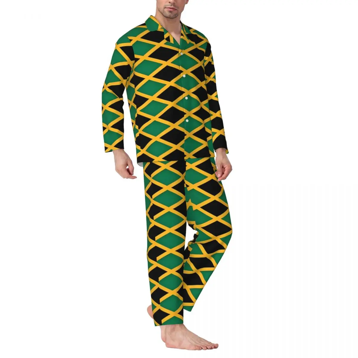 Jamaican Flag Pajama Sets Autumn Yellow And Green Warm Daily Sleepwear Man 2 Pieces Casual Oversize Home Suit Birthday Present