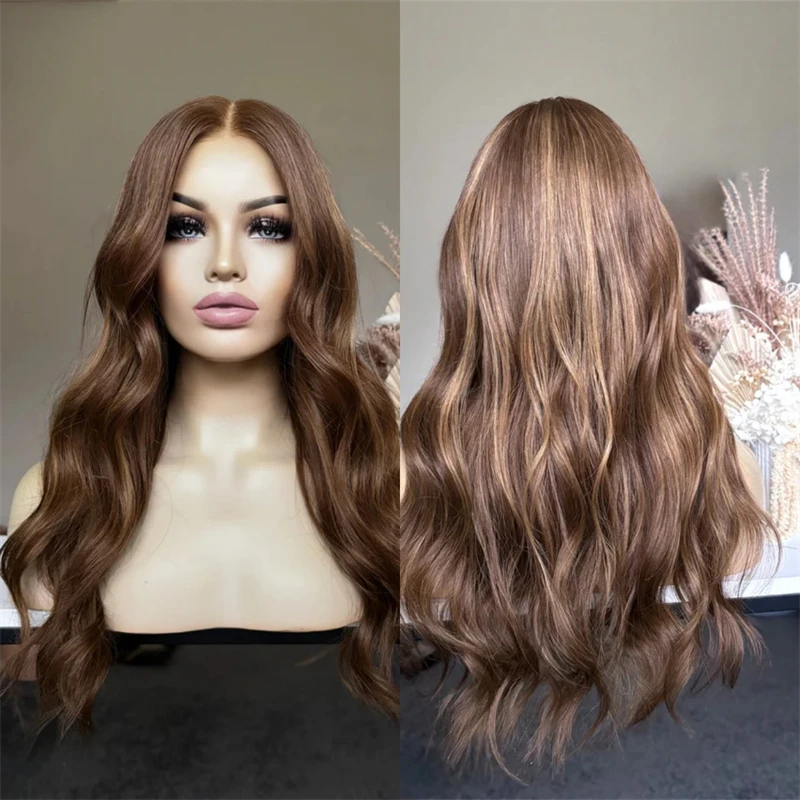 13x4 Free Part Ombre Caramel Brown Synthetic HD Lace Front Wig with Roots Heat Resistant Fiber Wig Soft Long Body Wave Wig 26''