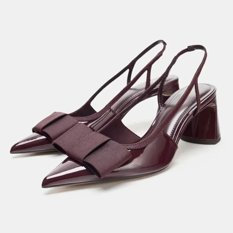 

2026 Patent Leather Heeled Sandals Women Elegant Burgundy Bow Pointed Toe Chunky Heel Pumps Luxury Designer Heels for Ladies