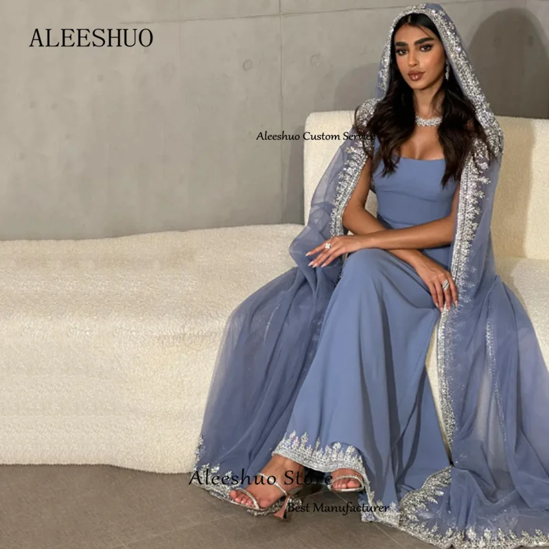 Aleeshuo Elegant Saudi Arabic Satin Tulle Evening Dress Strapless Cap Sleeves Backless Prom Gowns Appliques Beading Dress Party