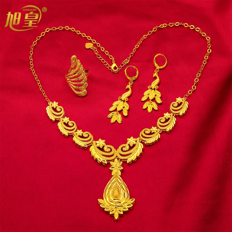 XUHAUN Dubai 24K Copper Gilding Gold Color Jewellry Sets Leaf Necklace Peacock Ring Earrings Bride Wedding Party Gifts Wholesale