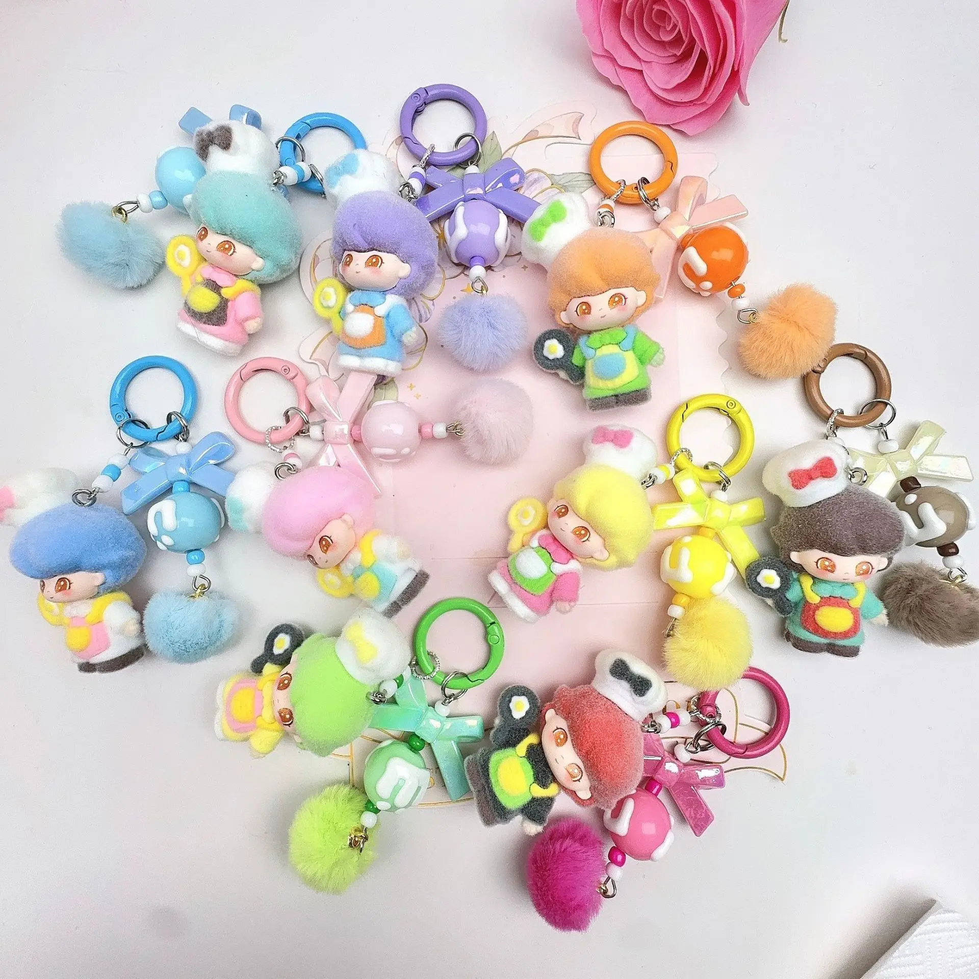 

New Baby Three Keychain Cute Cartoon Creativity Schoolbag Pendant New Fashion Exquisite Flocking Toy Pendant Gift