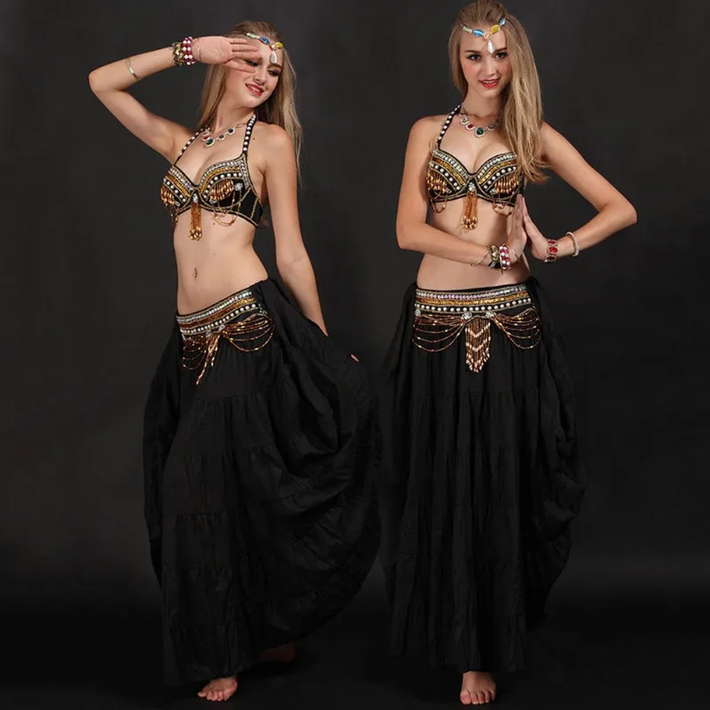 High Quality Handmade Beaded Belly Dance Costume Set For Adult Women Sexy Tribal Bra Waist Belt Skirt Fashionable