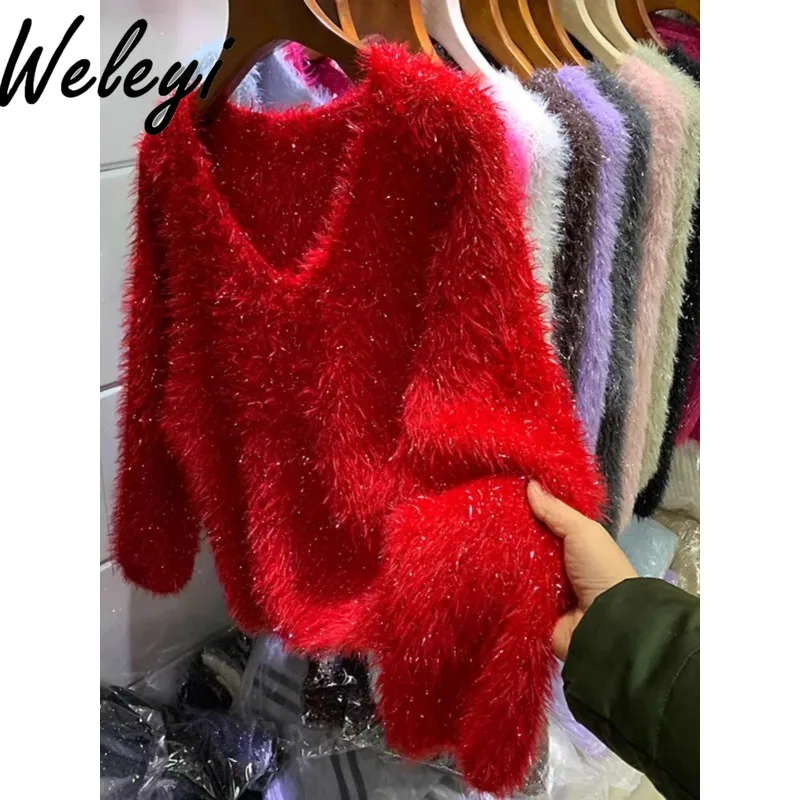 Shiny Silk V-neck Pullover Red Sweater Woman Winter Loose Thickened Soft Imitation Mink Integrated Fluff Red Knitted Sweaters