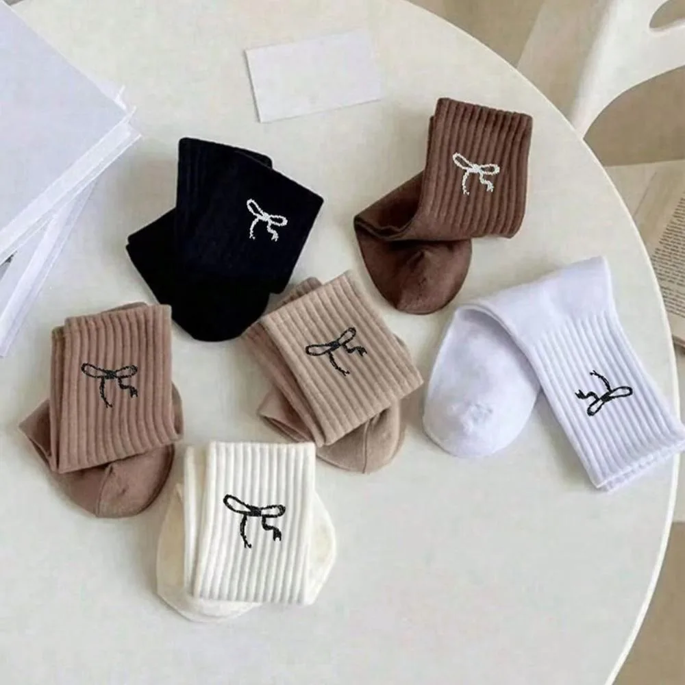 Embroidered Bow Mid Calf Socks for Women Soft Comfortable Casual Versatile Stackable Autumn Winter Warm Seamless Socks 6 Pairs
