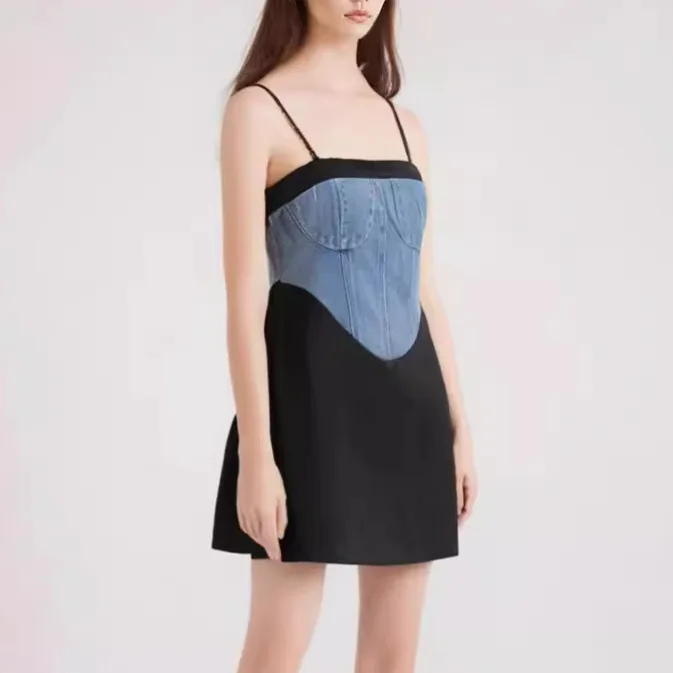 

TIFICY Sexy Adjustable Shoulder Strap Strapless Women's Summer New Collection Waist Cinching and Slimming Patchwork Denim Dress