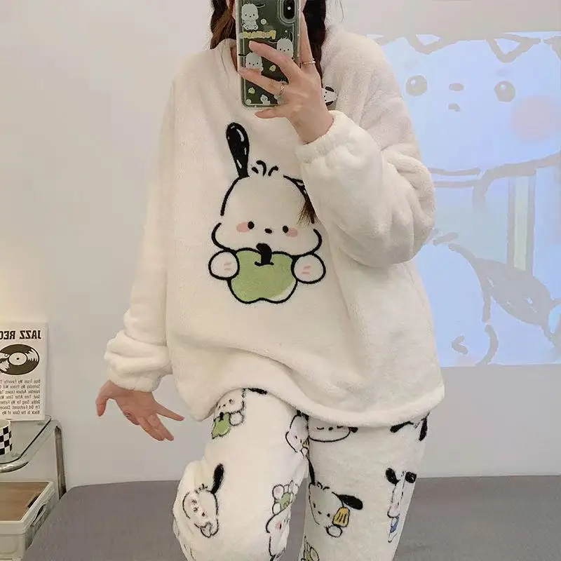 New Sanrio Sleepwear Pochacco Kawaii Winter Women Thicken Warm Plush Cute Cartoon Home Suit Lounge Wear Long Sleeve Y2k Clothes