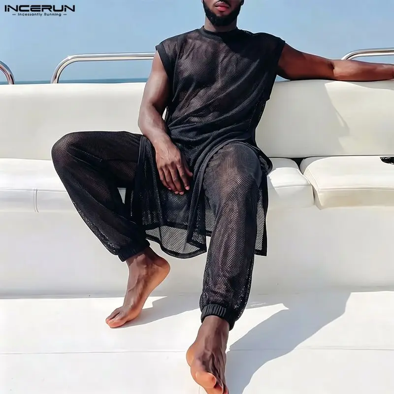 INCERUN Men Sets Mesh See Through Sleeveless Irregular Vests Pants Two Piece Sets Streetwear Sexy 2026 Fashion Men Matching Sets view 3