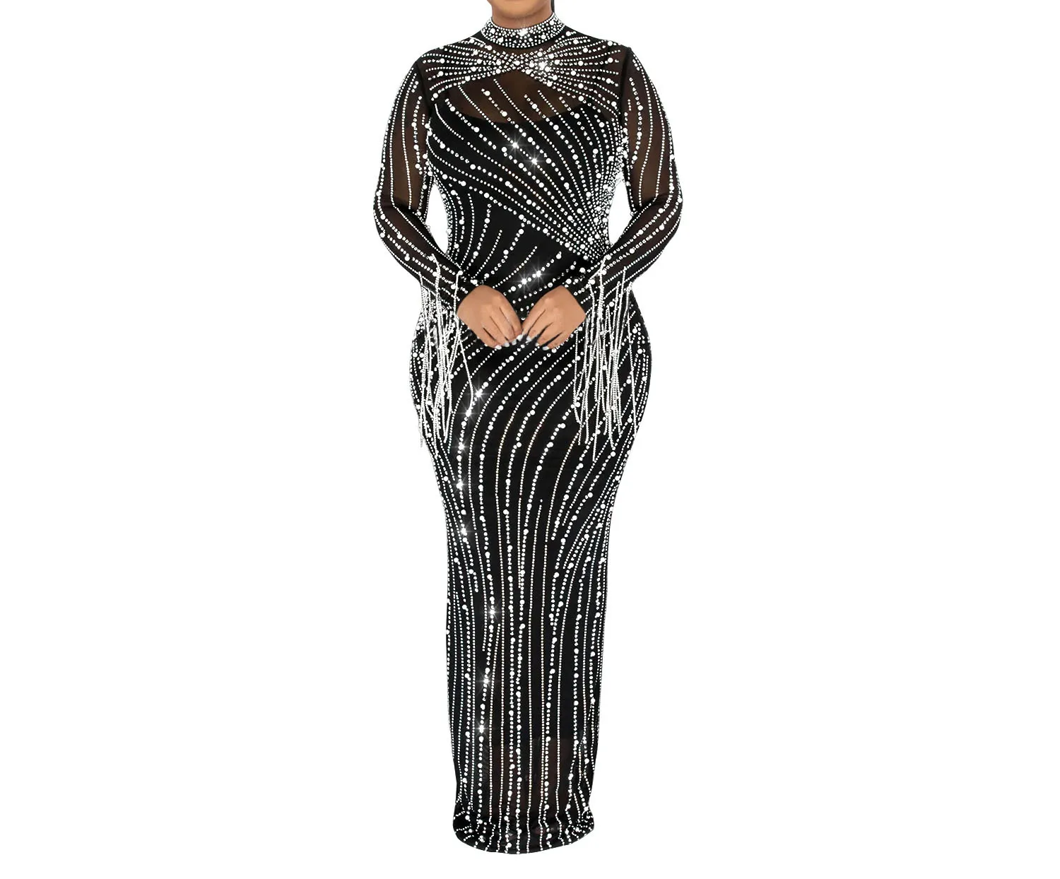 Skirt Set for Women New Fashion Mesh Lace Hot Drill Long-sleeved Skirt and Lining Two-piece Set