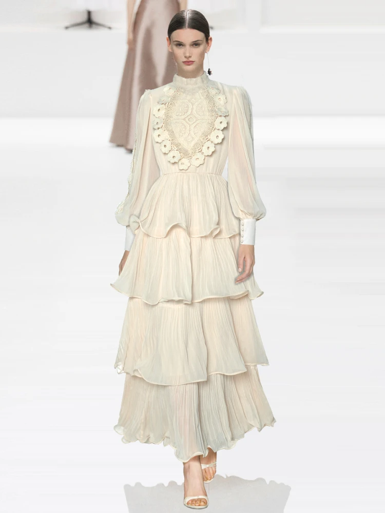 Lady's Long Cake Dress 2025 Spring And Summer Stand Collar Hook Hollow Out Embroidery Pleated Women's X-Long Dresses