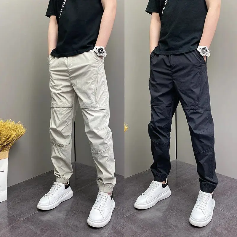 

Solid Color Spliced Ice Silk Pants Men's Summer Thin Loose Tying Trousers American Trendy Quick-drying Casual Trousers