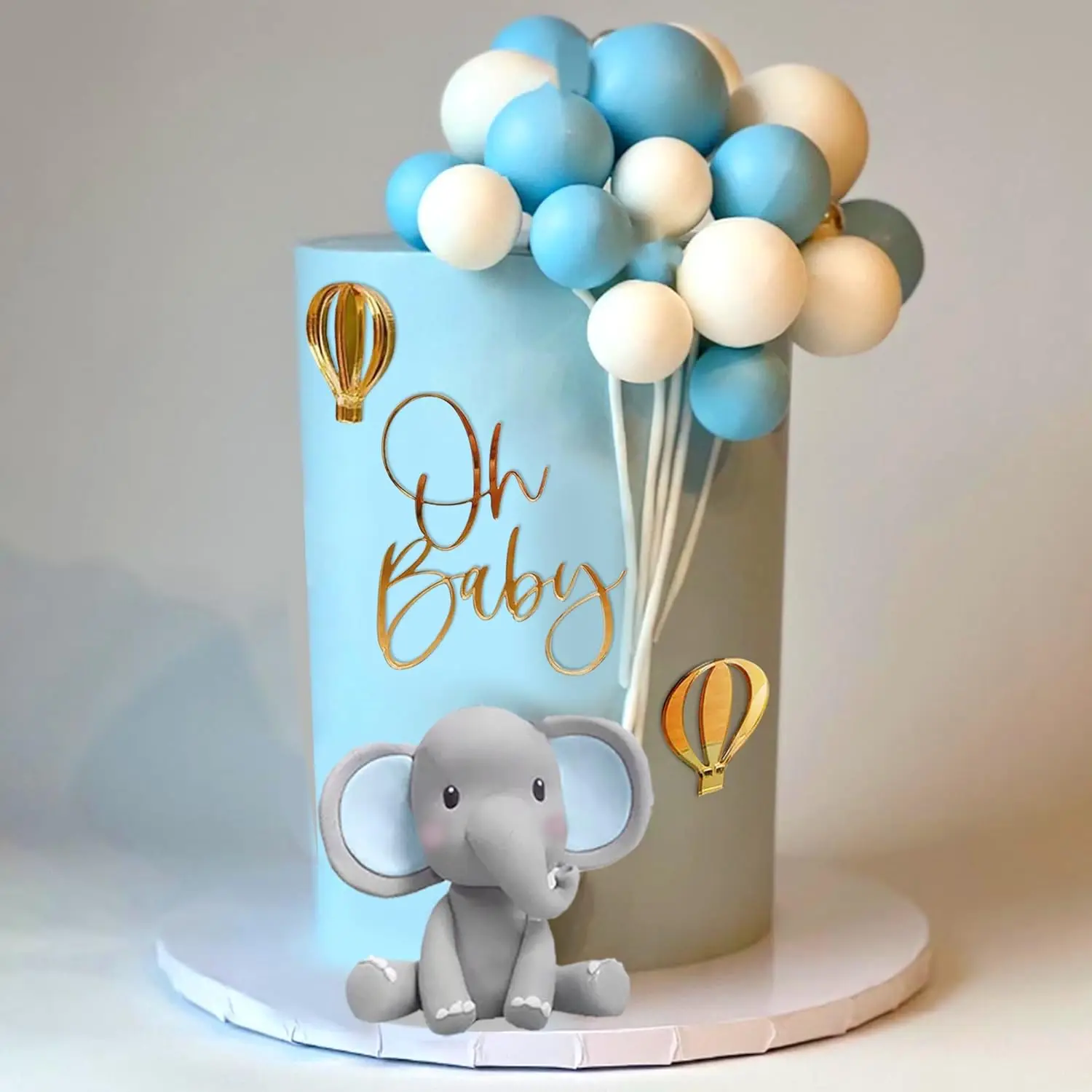 Olifant Taart Decoratie met Oh Baby Cake Topper Parel Ballen Heteluchtballon voor Baby Douche Jongen Olifant Thema Verjaardagsfeestje