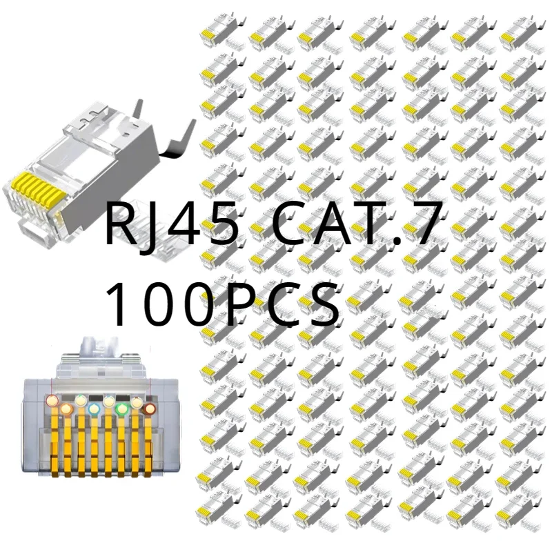 Shielded Cat7RJ45 perforated 8P8C modular Category 7 Ethernet cable head plug gold-plated network RJ45 connector (100 pieces)