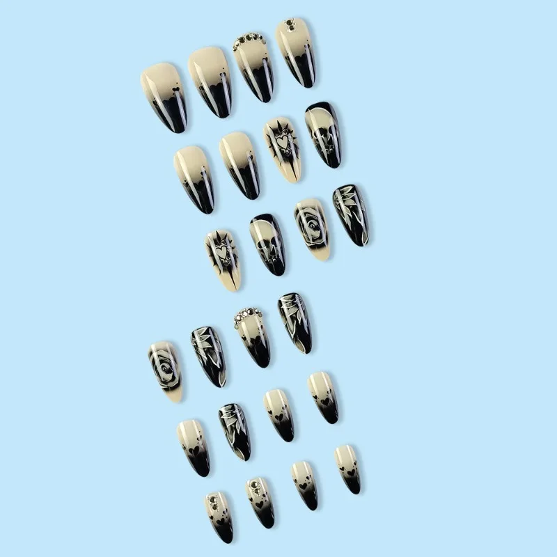 24pcs Black Punk Skull Rose Rhinestone Halloween Fashion Press on Acrylic Nails Cheap Fake Nails with Glue Stiletto False Nails