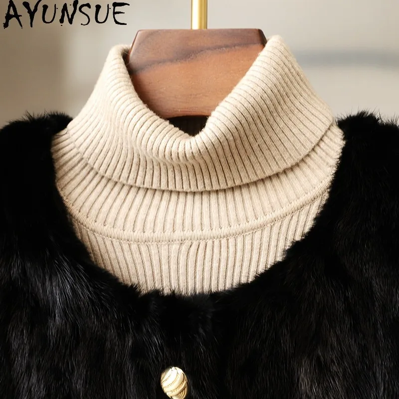 AYUNSUE Cappotto di Pelliccia di Visone Naturale per la Donna 2025 Nuovo Elegante Autunno Inverno Vestiti Pezzi Cappotto di Pelliccia di Visone Donna Fourrures Femmes
