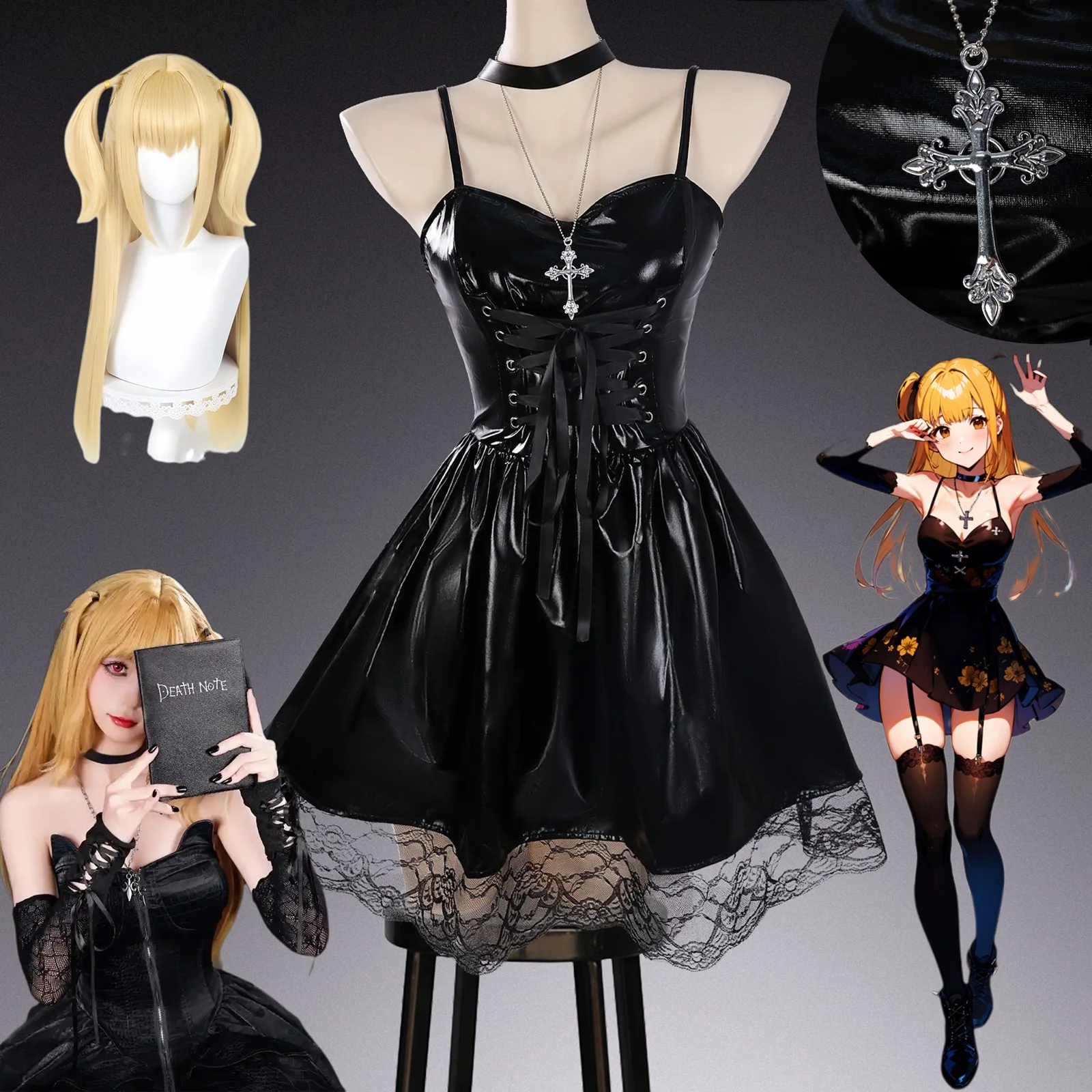 

Аниме MisaMisa Косплей Костюм Парик Amane Misa Кожаное сексуальное платье + украшения на шею + швейные изделия + ожерелье Женская униформа наряд Парик на Хэллоуин