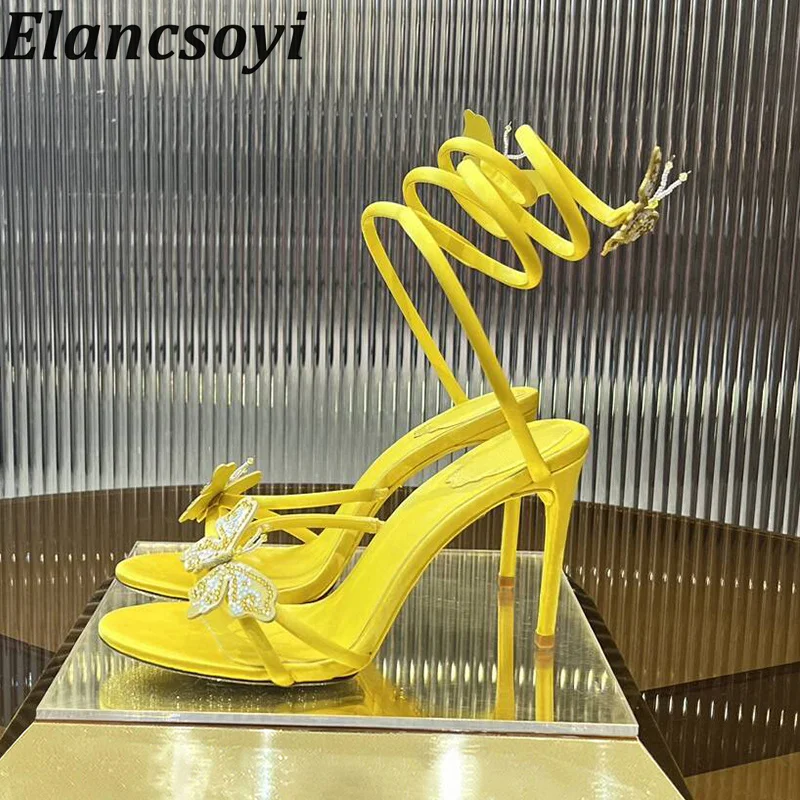 

Women's Elastic Band Gladiator Sandals Genuine Leather Shiny Crystal Butterfly Thin Heel Sandalias Summer Sexy Party Dress Shoes