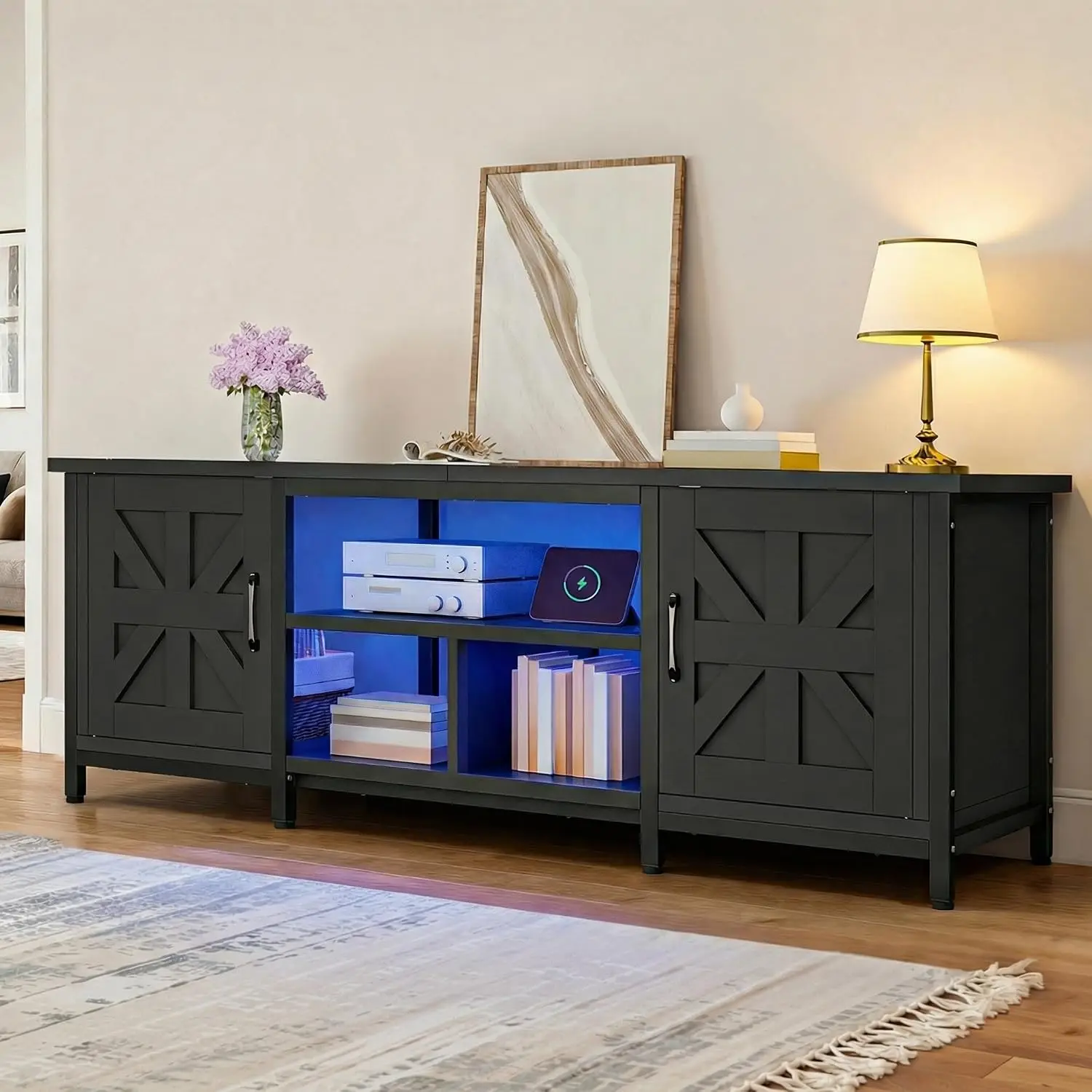 Farmhouse TV Stand with Power Outlets for TVs up to 75 Inch, Black, Customized