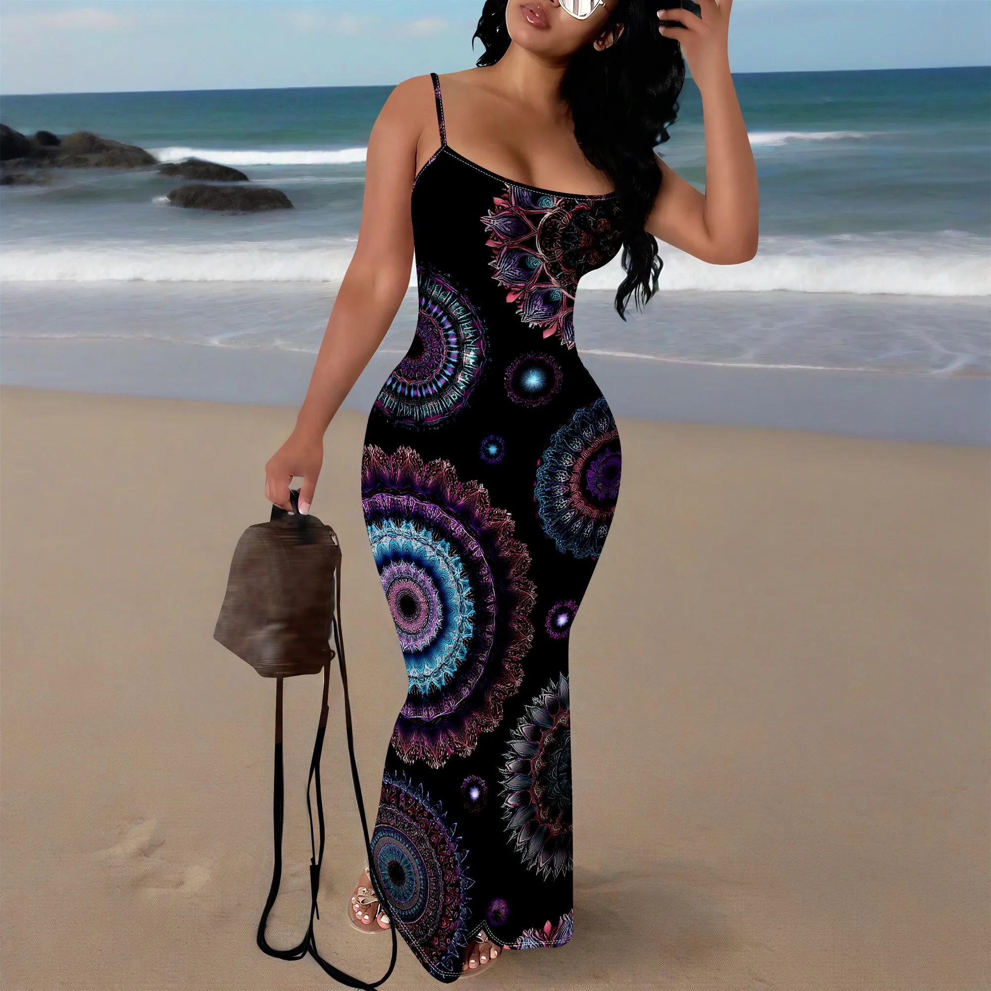 

Women's Mandala Print Spaghetti Strap Bodycon Maxi Dress Plus Size Summer Nightclub Party Outfit 2025 New Arrival XS-3XL