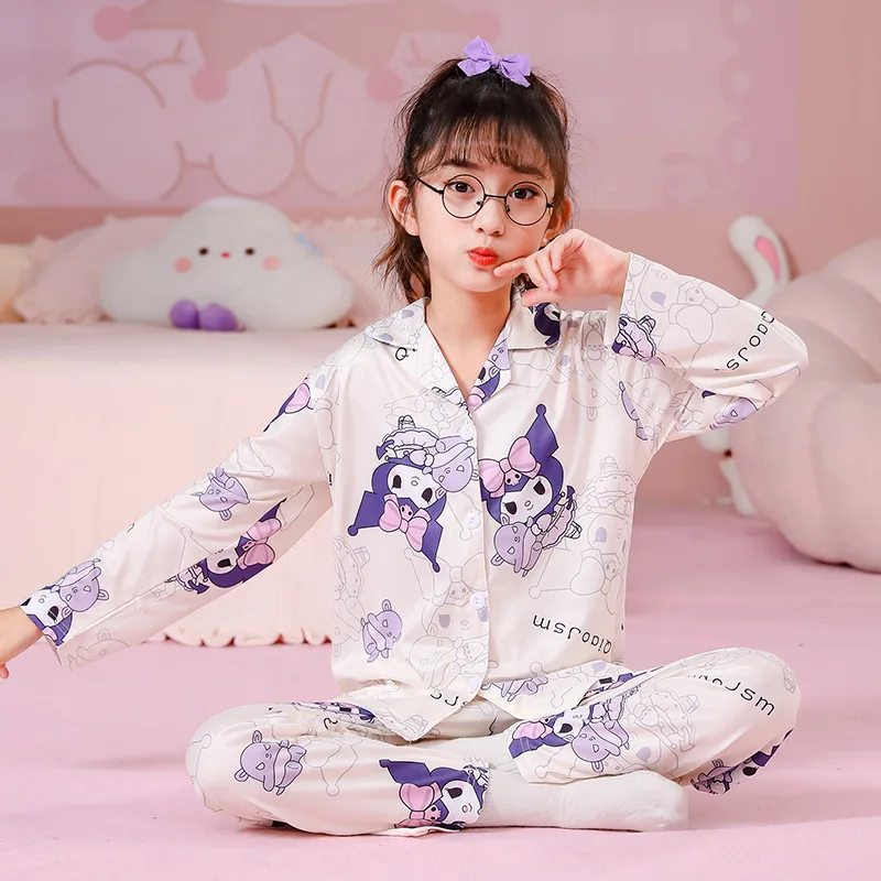 Sanrio's New Cartoon Kuromi Melody Style Children's Pajamas Spring and Autumn Girls Sweet and Cute Long-sleeved Home Dress Set