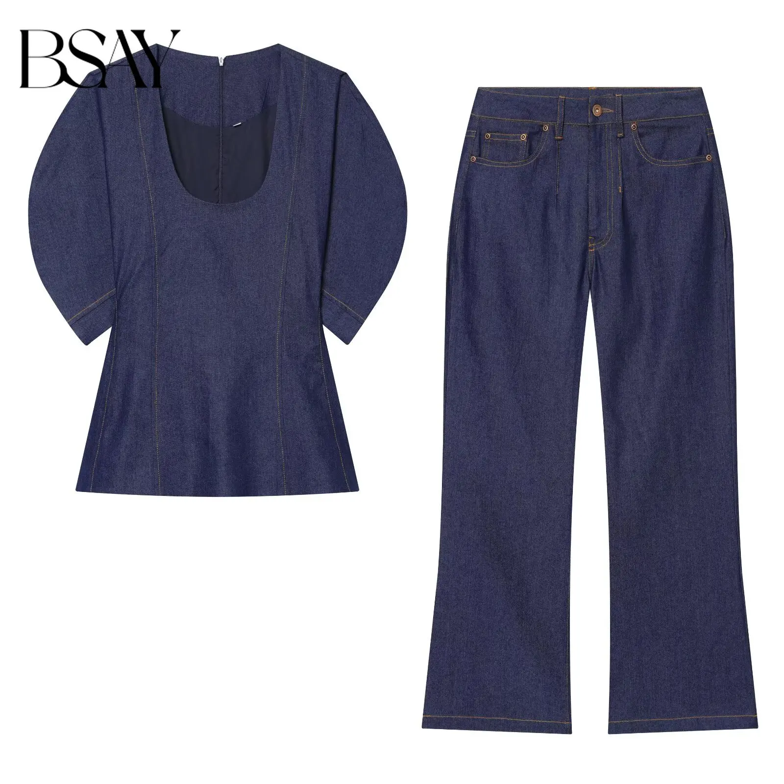 

BSAY 2026 New Women's Denim Two Piece Set Puff Sleeve U-neck Blouse High Waist Wide Leg Jeans Casual Daily Wear Suit