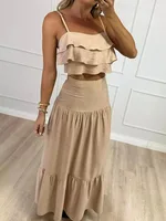 Conjunto de falda de capas y top corto de lino beige con volantes para mujeres, perfecto para días de verano, picnics, atuendos casuales bohemios