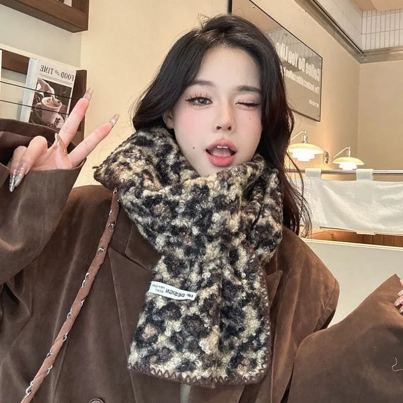 Autumn Winter Leopard Print Long Scarf for Women Girls Winter Warm Cashmere Scarf Korean Fashion Casual Thickened Niche Shawl