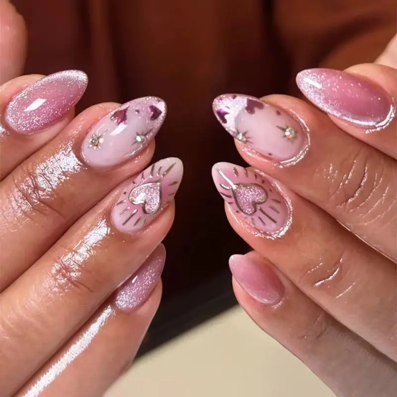 

24Pcs French Pink Cat's Eye Design Acrylic Nails with Spark Love Sweet Cool Wearing Almond Fake Nails Press on For Spice Giirl