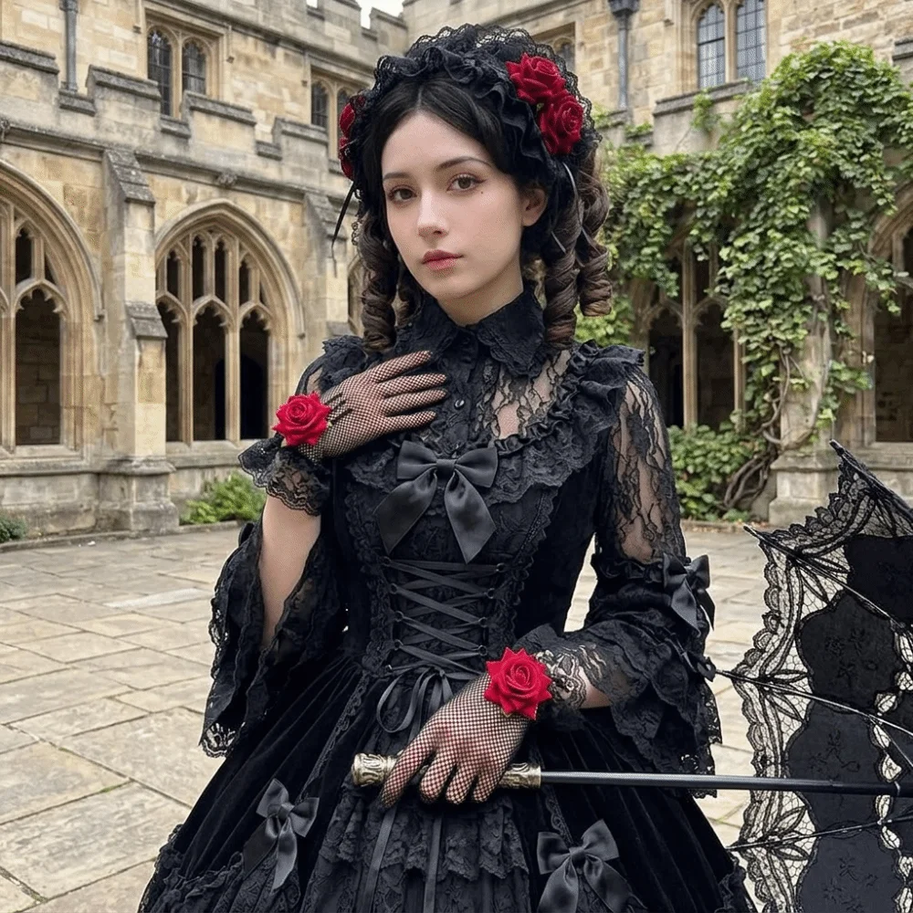 High-quality Rose Flower Fishnet Gloves Thin Hollow Out Lace Gloves Gothic Punk Mesh Mittens Dance Costume