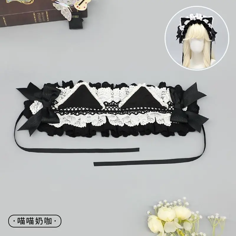 New Handmade Harajuku Lolita Lace Cat Servant Headband Y2K Girl Subculture Dark Cat Ear Headpiece KC Maid Cute Hair Accessory view 6