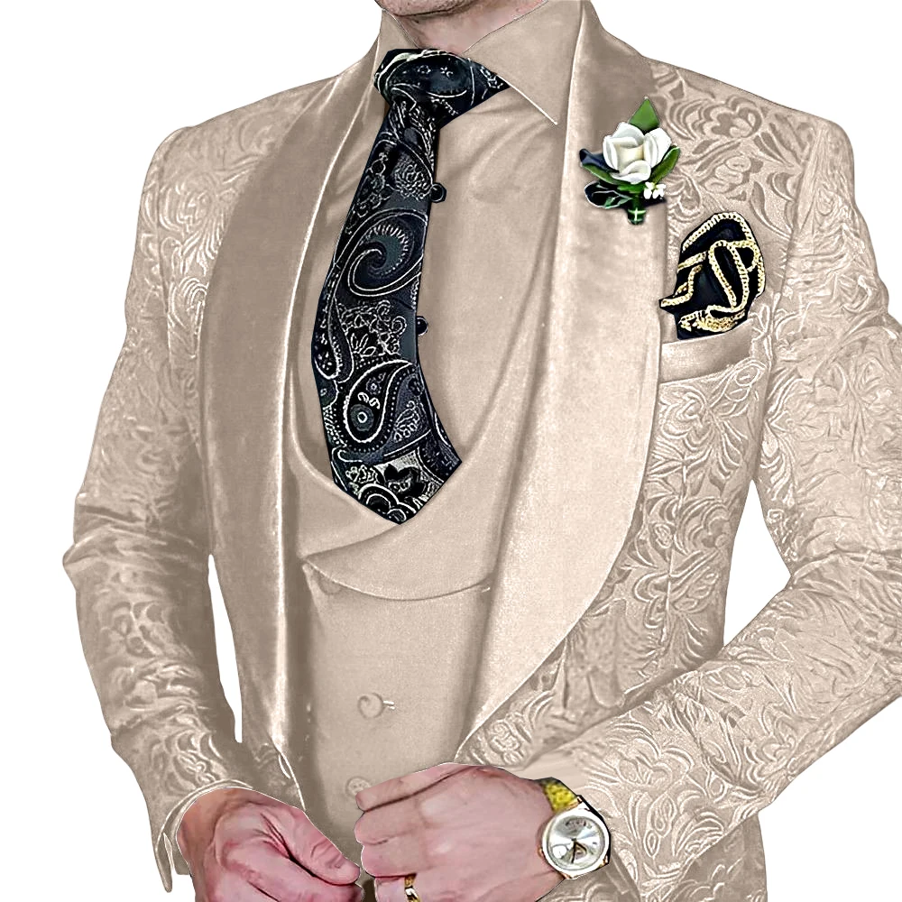 Jacquard Men's 3-piece Suit Set Formal Party Dress Groom's Tuxedo High Quality Elegant Colorful Dainty Customized Outfit